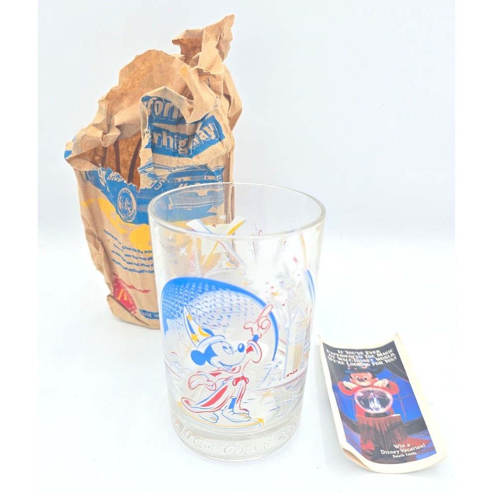 McDonalds Disney World 25th Anniversary Glass Sorcerer Mickey 1996 Bag & Insert